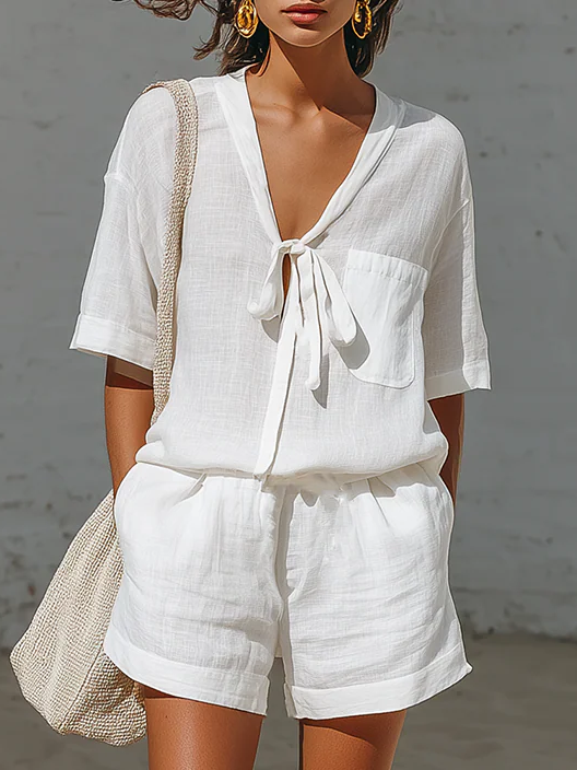 Women's Linen Short-Sleeve Matching Loungewear Set