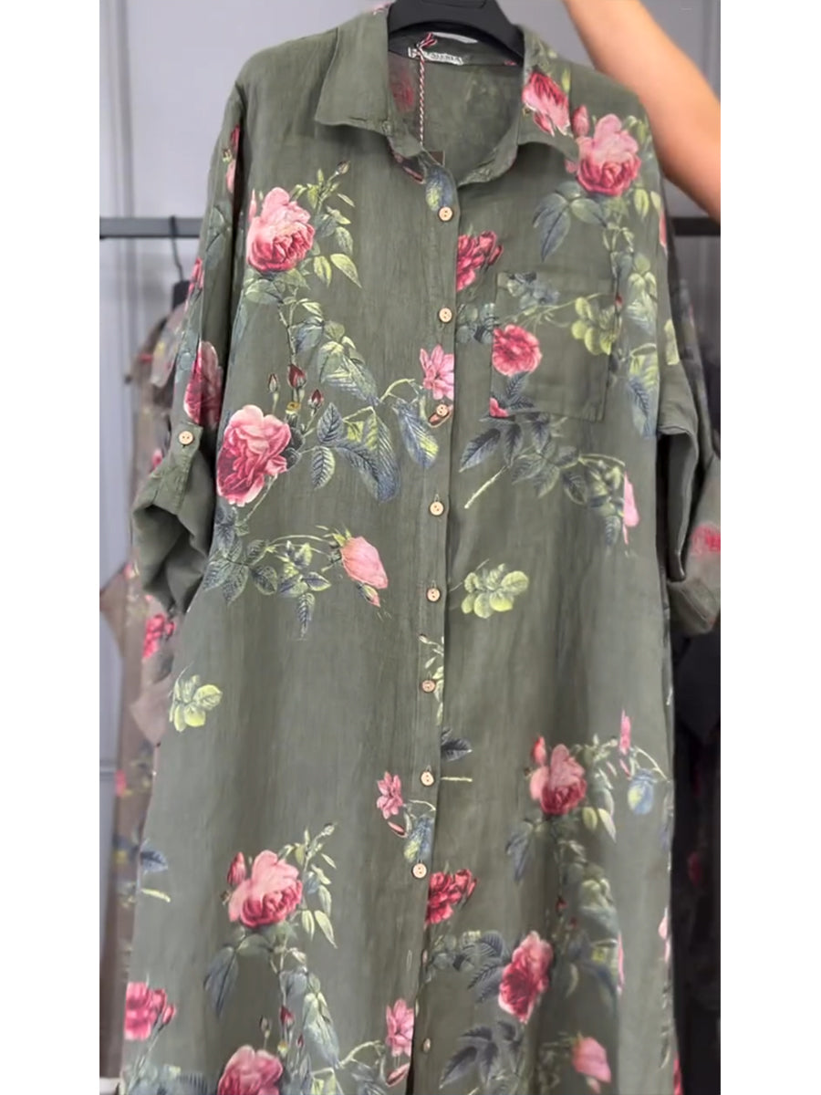 Women's Linen Floral Print Long Sleeve Midi Tunic Shirt Dress