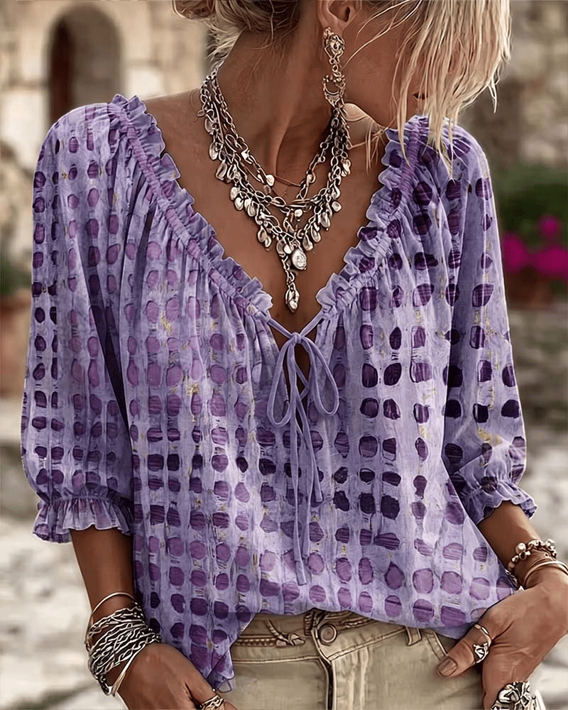 Women's Blouse Linen Boho V-Neck Long Sleeve Patterned Tunics