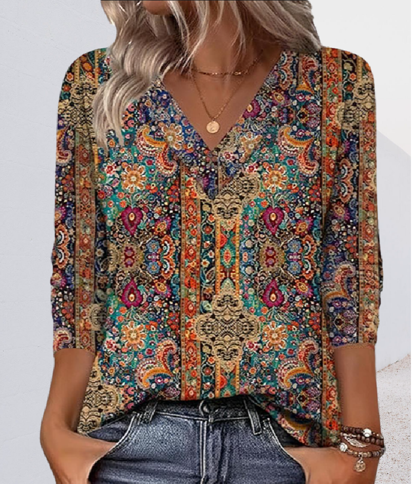 Women's Printed V-Neck Linen Blouse Long Sleeve Top