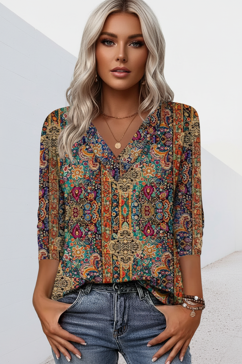 Women's Printed V-Neck Linen Blouse Long Sleeve Top