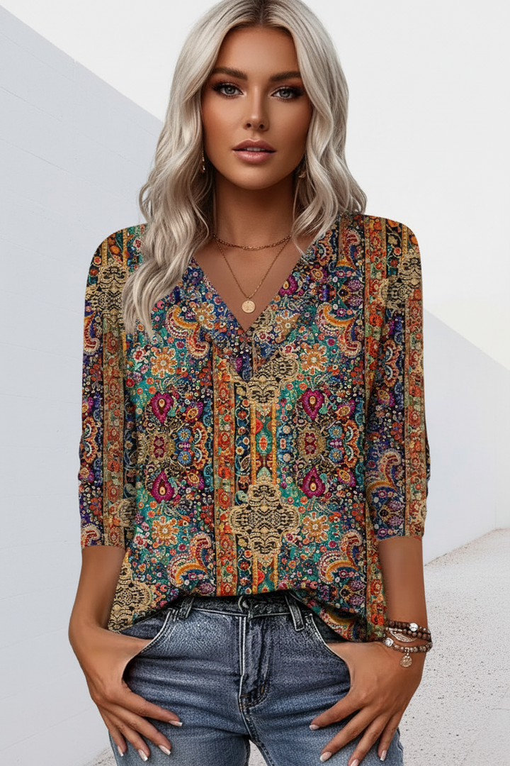 Women's Printed V-Neck Linen Blouse Long Sleeve Top