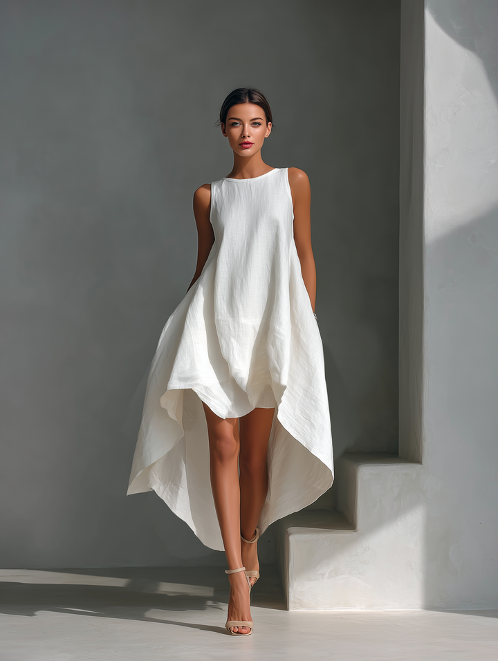 Women's Elegant Linen Sleeveless Round Neck High-Low Midi Dress