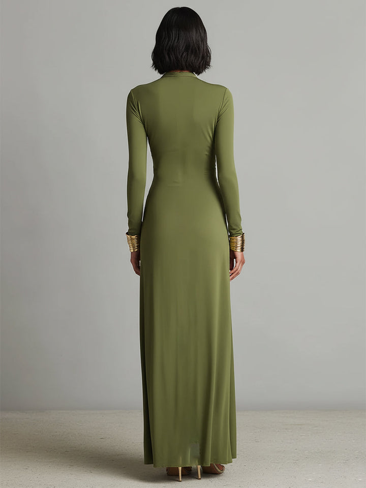Women's Silk Stretch Long-Sleeve Deep V-Neck Ruched Maxi Dress
