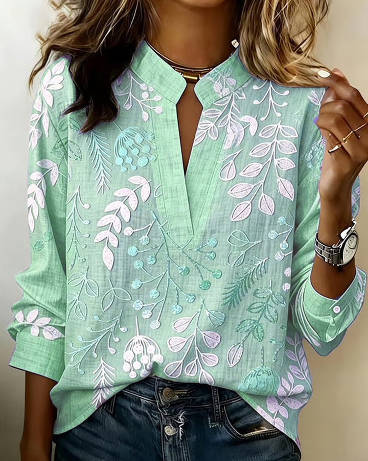 Women's Floral Print Linen V-Neck Long Sleeve Blouse