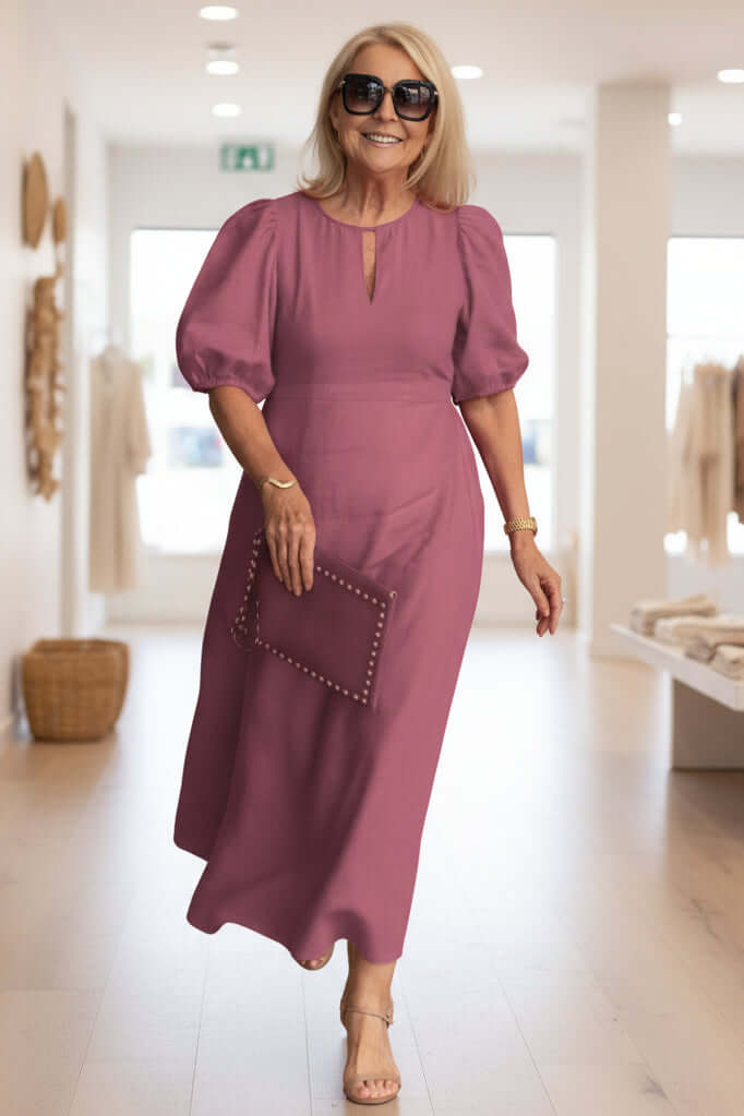 Women's Linen Blend Puff Sleeve Cutout Midi Dress