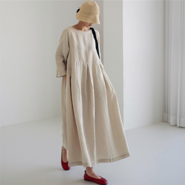 Women's Linen Maxi Dress Loose Fit Long Sleeve Kaftan Dress