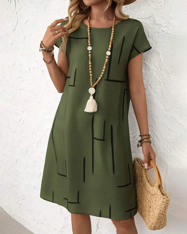 Women's Short Sleeve Linen Midi Shift Dress