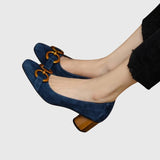 Women's Suede Block Heel Pumps Square Toe Slip On Dress Shoes