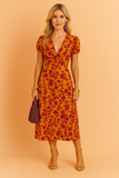 Women's Floral Chiffon Wrap V-Neck Short Sleeve Casual Midi Dress