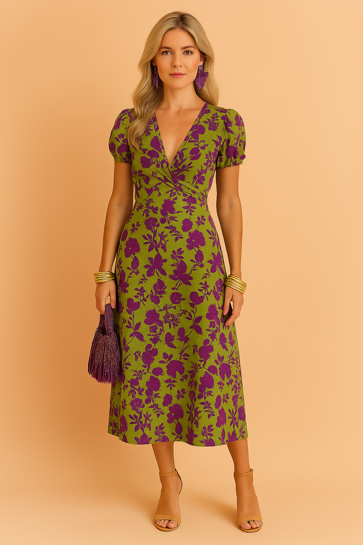 Women's Floral Chiffon Wrap V-Neck Short Sleeve Casual Midi Dress