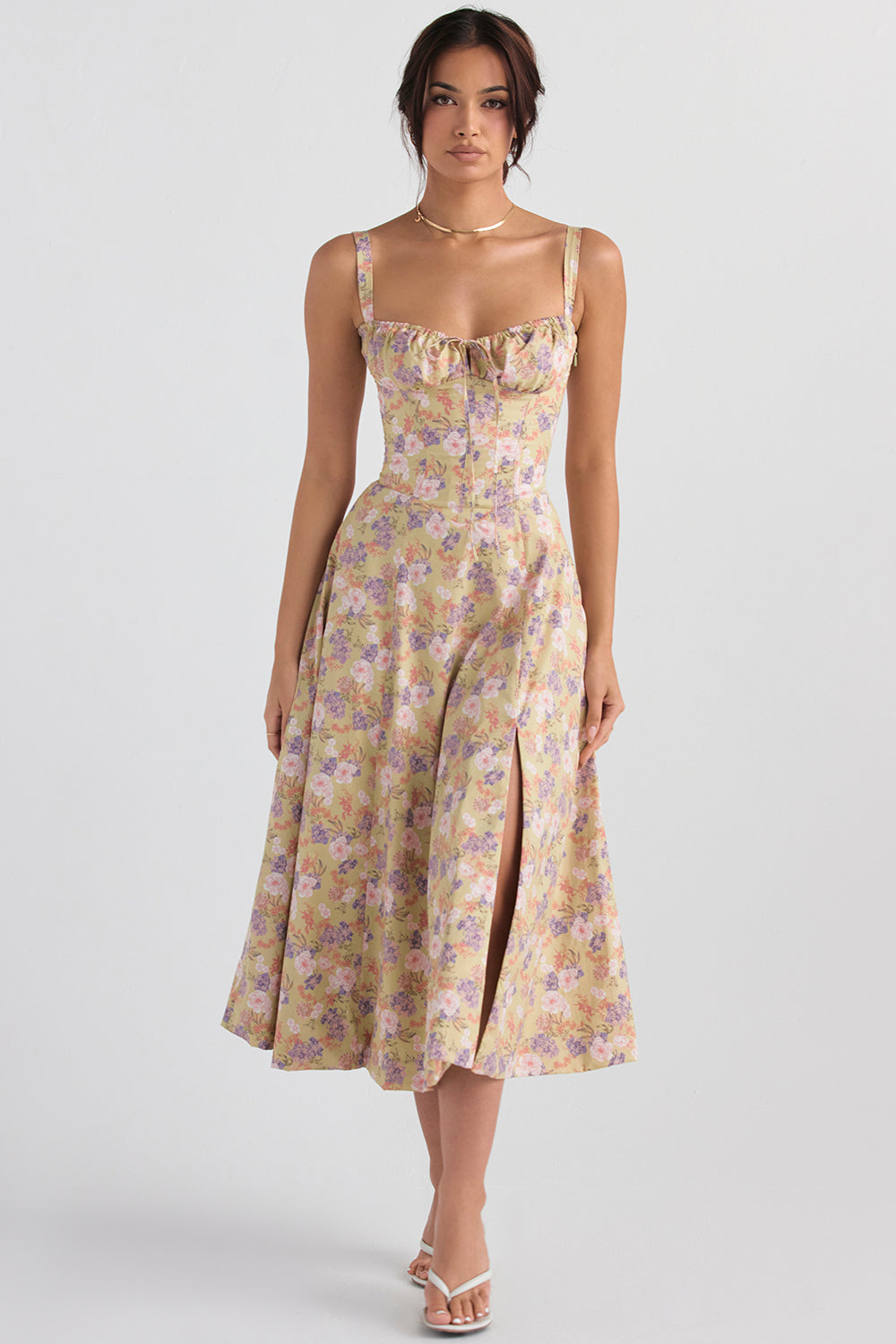 Women's Floral Linen Midi Dress Cocktail Party Dress