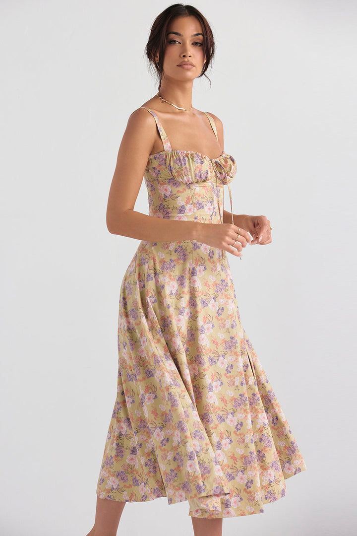 Women's Floral Linen Midi Dress Cocktail Party Dress