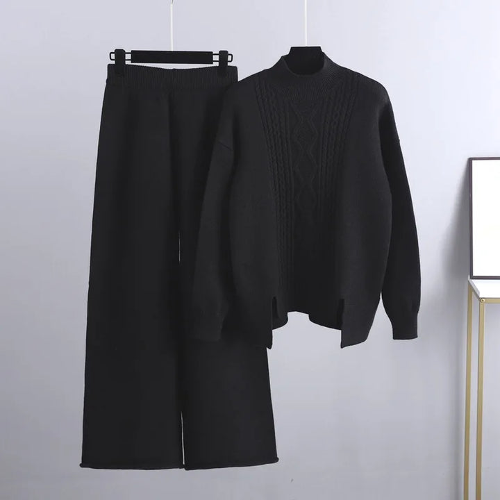 Women's Wool Cable Knit Sweater and Trousers 2 Piece Set
