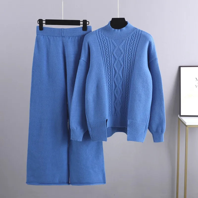 Women's Wool Cable Knit Sweater and Trousers 2 Piece Set