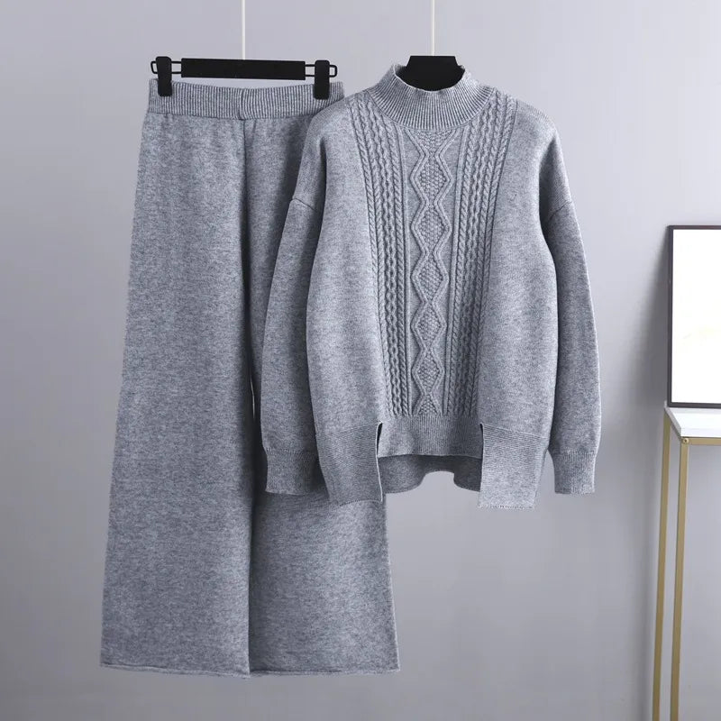 Women's Wool Cable Knit Sweater and Trousers 2 Piece Set