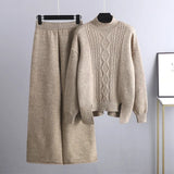 Women's Wool Cable Knit Sweater and Trousers 2 Piece Set