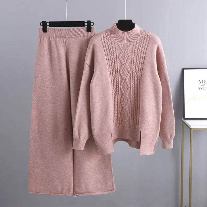 Women's Wool Cable Knit Sweater and Trousers 2 Piece Set