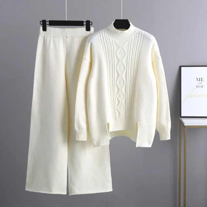 Women's Wool Cable Knit Sweater and Trousers 2 Piece Set