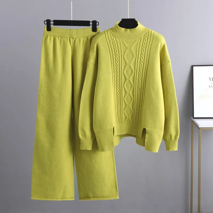 Women's Wool Cable Knit Sweater and Trousers 2 Piece Set