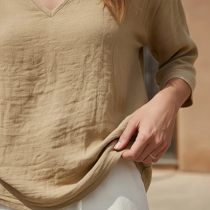 Women's V-Neck Linen Blouse Long Sleeve Top