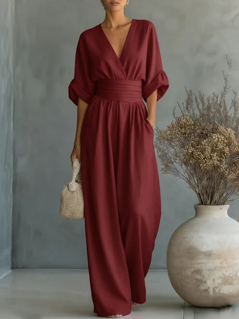 Women’s Linen Blend V-Neck Wide-Leg Jumpsuit