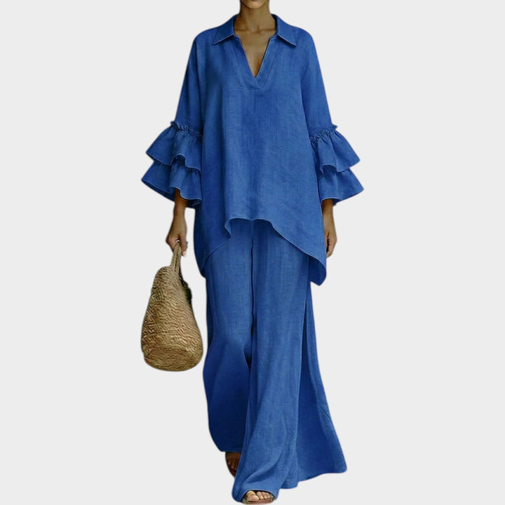 Women's Linen Ruffle 2 Piece Set Wide Leg Pants Coord