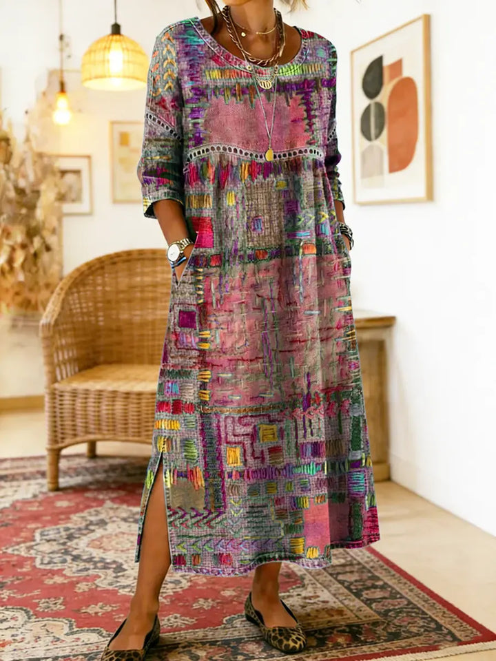 Women's Linen Blend Geometric Print Round Neck Long-Sleeve Midi Dress