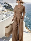 Women's Linen Blend Peplum Top and Wide Leg Pants Two Piece Set