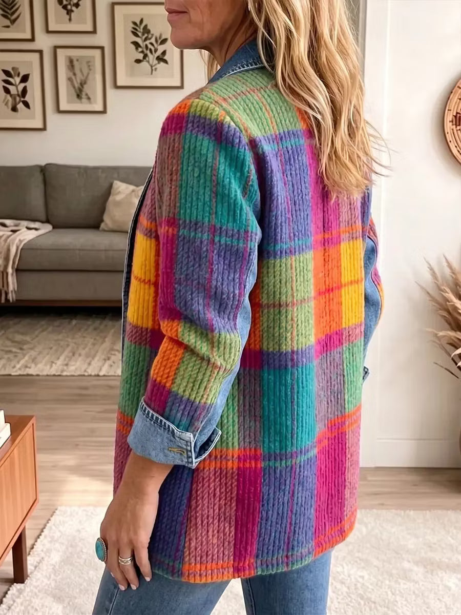 Női kockás, patchwork mintás, gombos farmerdzseki