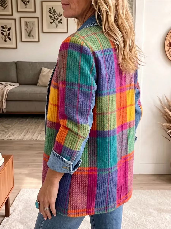Női kockás, patchwork mintás, gombos farmerdzseki