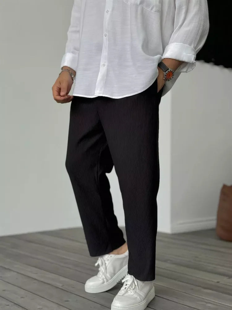 Men's Pleated Knit Trousers Straight Leg Pants