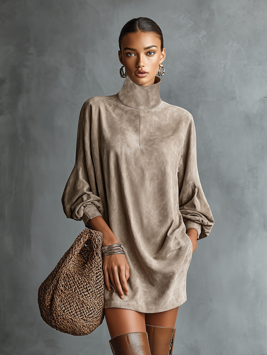 Women's Faux Suede Turtleneck Long Sleeve Mini Dress
