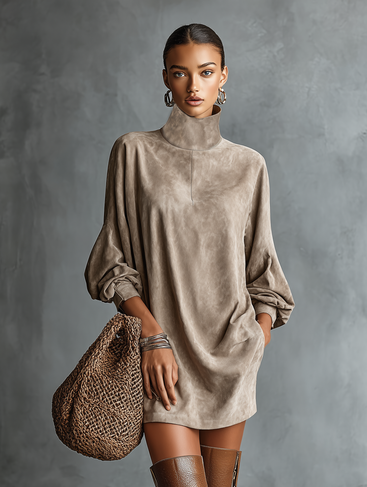Women's Faux Suede Turtleneck Long Sleeve Mini Dress