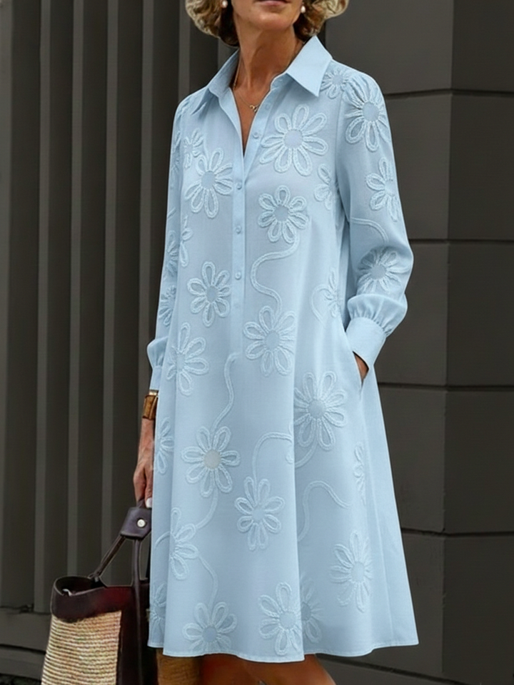 Women's Linen Blend Long Sleeve Embroidered Shirt Dress