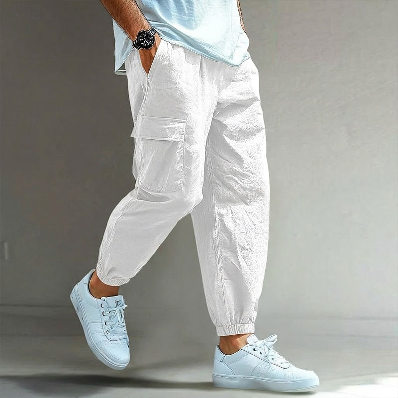 Men's Linen Blend Cargo Joggers Casual Athletic Tracksuit Pants