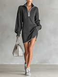 Robe-pull mini en maille pour femme à manches ballon et demi-zip