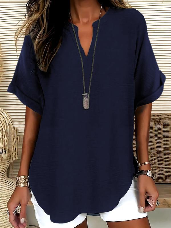 Women Linen Blouse V Neck Short Sleeve Casual Tunic Top