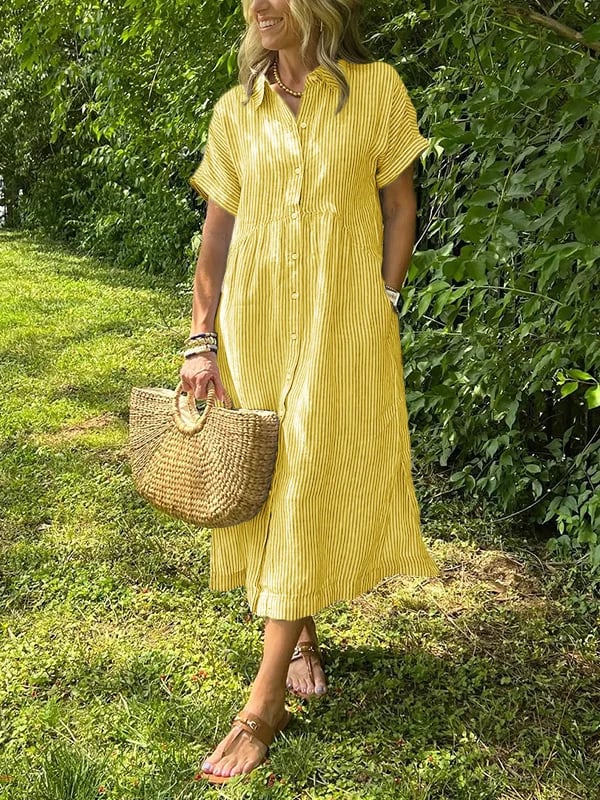 Linen Striped Button Down Shirt Dress for Women