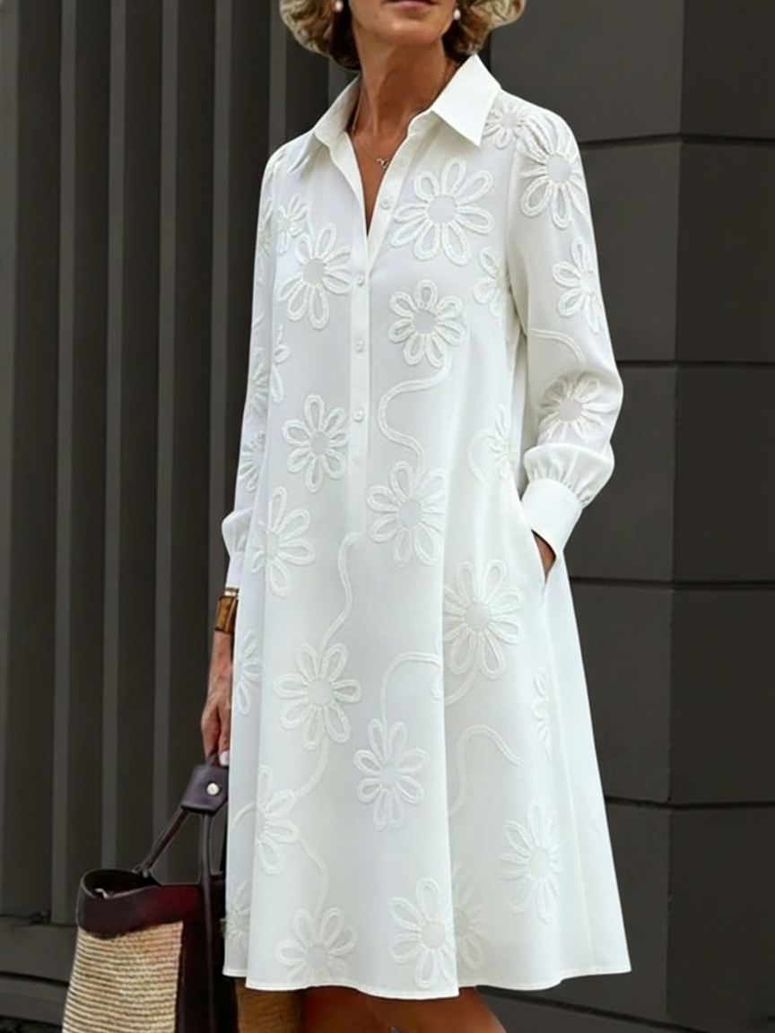 Women's Linen Blend Long Sleeve Embroidered Shirt Dress