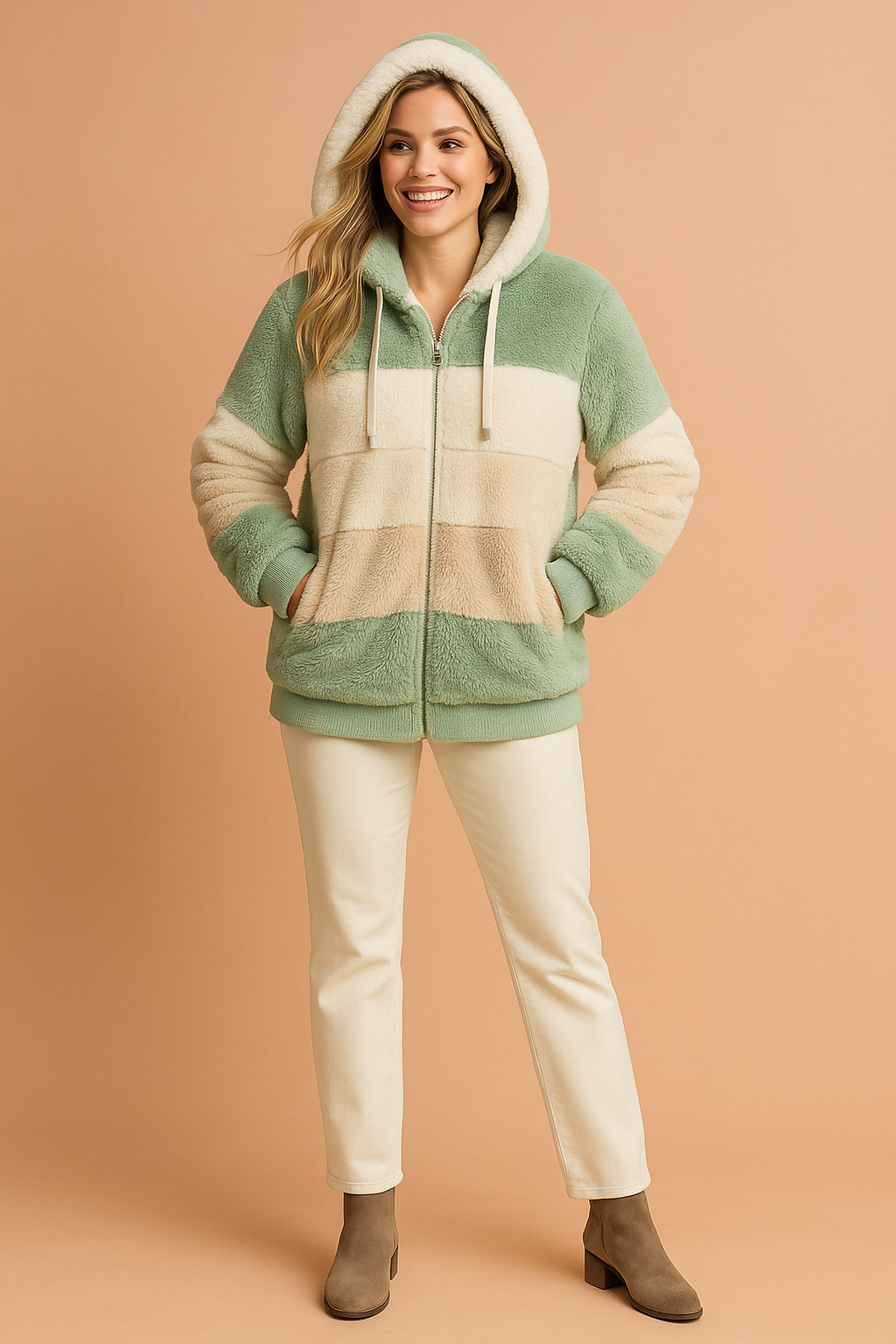 Women's Wool Blend Colorblock Striped Fluffy Hooded Jacket