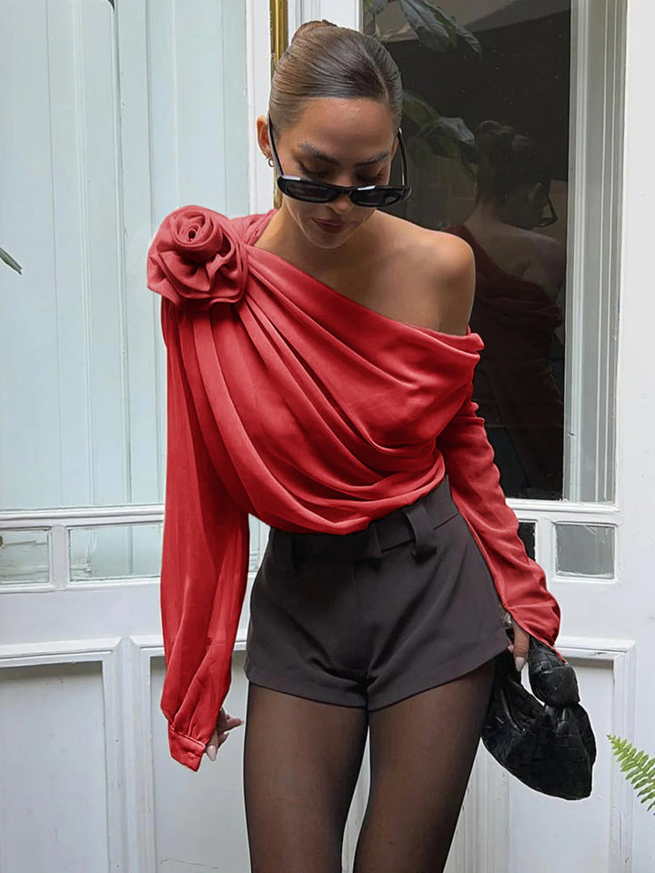 Women's Chiffon Blouse Off-Shoulder Long Sleeve Top