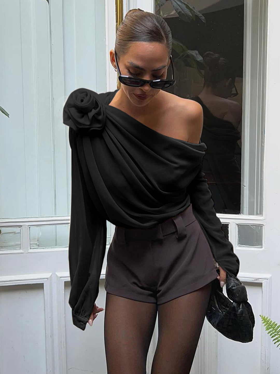Women's Chiffon Blouse Off-Shoulder Long Sleeve Top