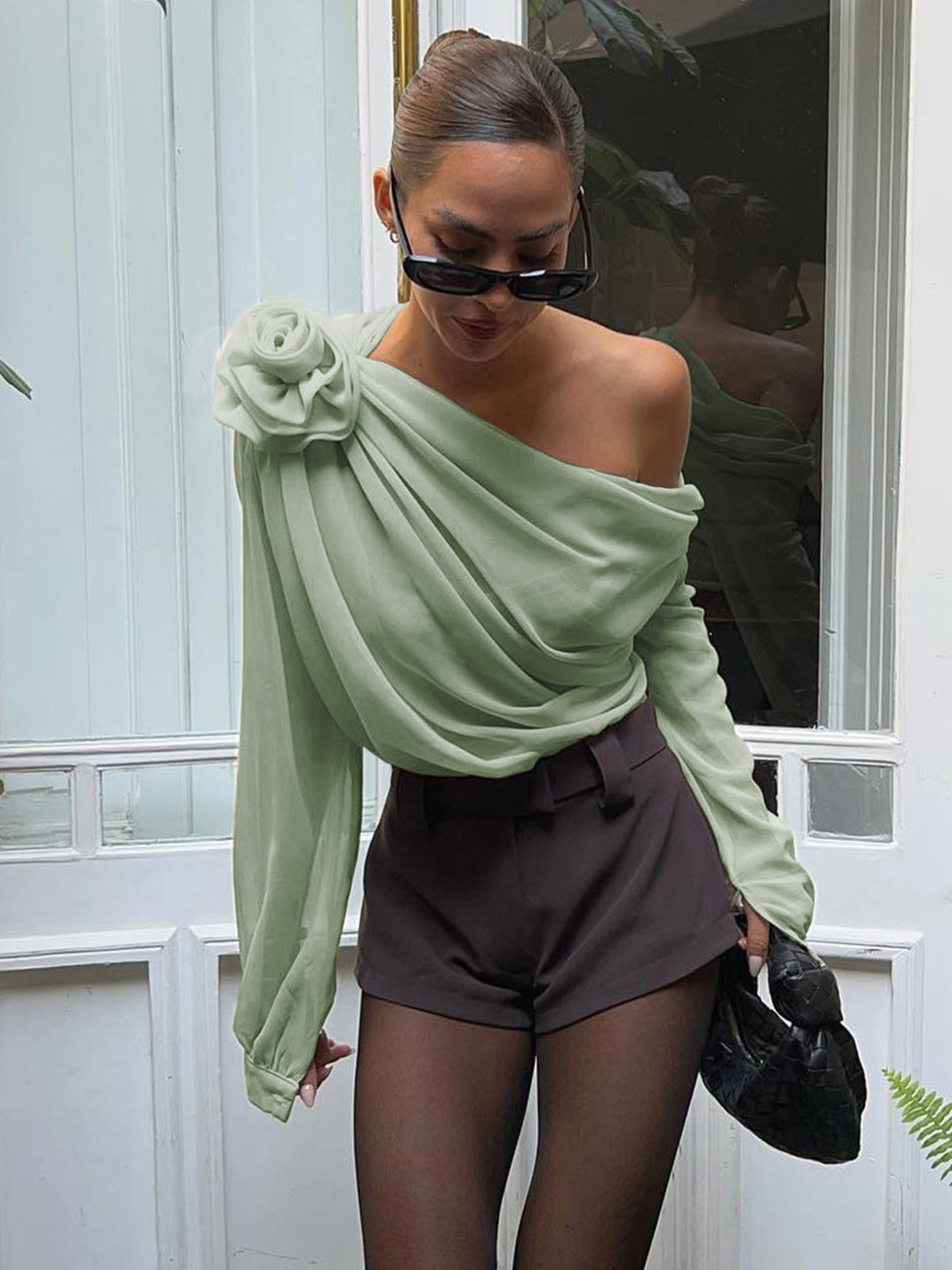 Women's Chiffon Blouse Off-Shoulder Long Sleeve Top