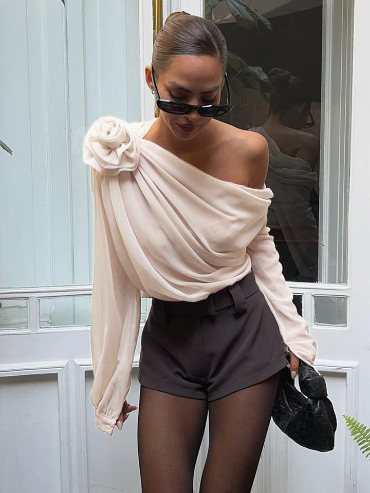 Women's Chiffon Blouse Off-Shoulder Long Sleeve Top