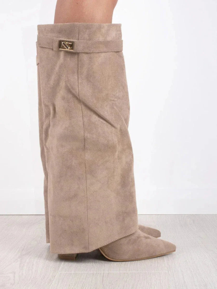 Women's Leather Knee High Boots Fold Over Wedge Heel