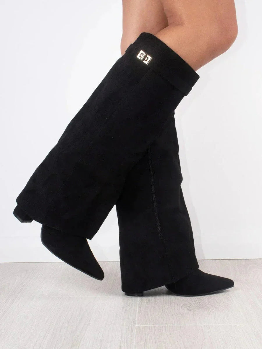 Women's Leather Knee High Boots Fold Over Wedge Heel