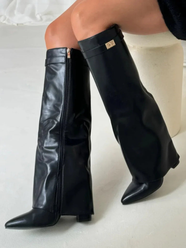 Women's Leather Knee High Boots Fold Over Wedge Heel