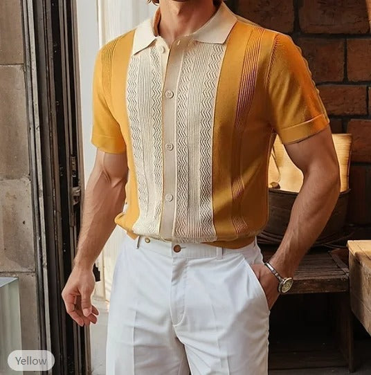 Men Knit Polo Shirt Short Sleeve Casual Top