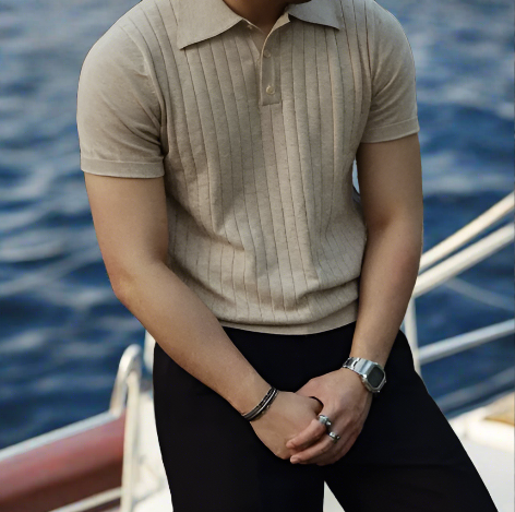 Men Knit Polo Shirt Short Sleeve Casual Golf Top
